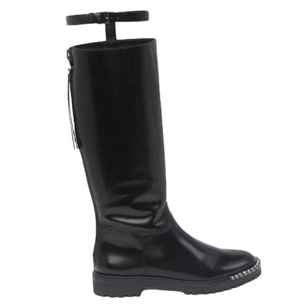 NEW Schutz Cianna Embellished Toe Black Polished Leather Riding Boots Size 6.5B